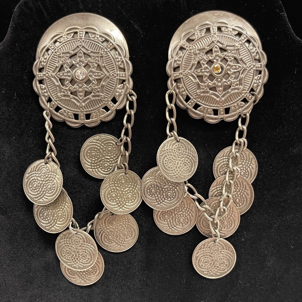 Silver Tone Indian Style Coin Dangle Pierced Earrings Vintage
